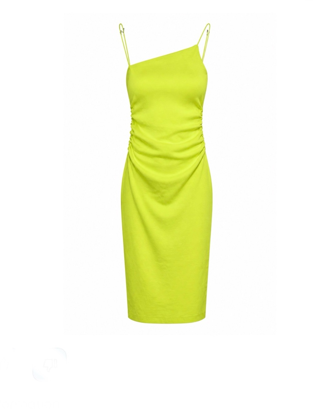 ZARA Chartreuse Lime Green Ruched Bodycon Midi Dress Double Lined Cotton size XS